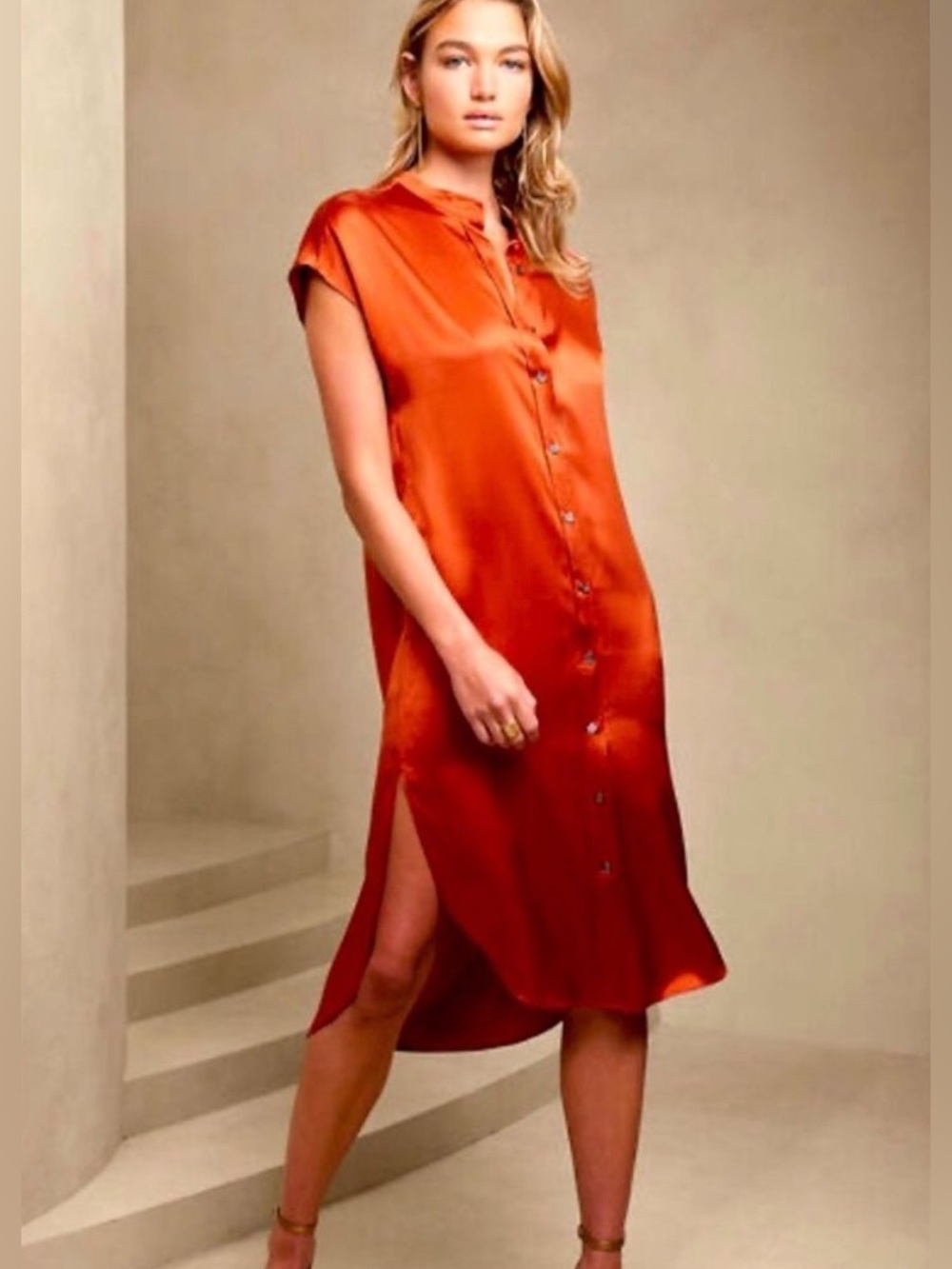 Banana Republic 100% Silk Rust Button Front Midi Shirt Dress